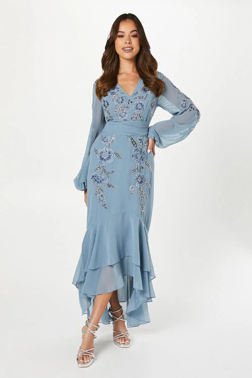 Sequin Embellished And Embroidered High Low Maxi Dress