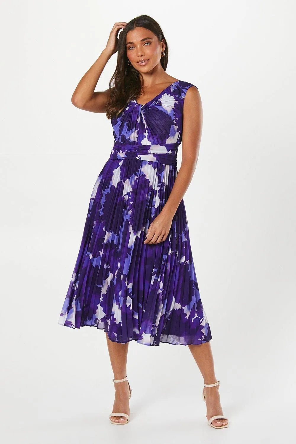 Petite Printed Pleated Neck Midi Dress