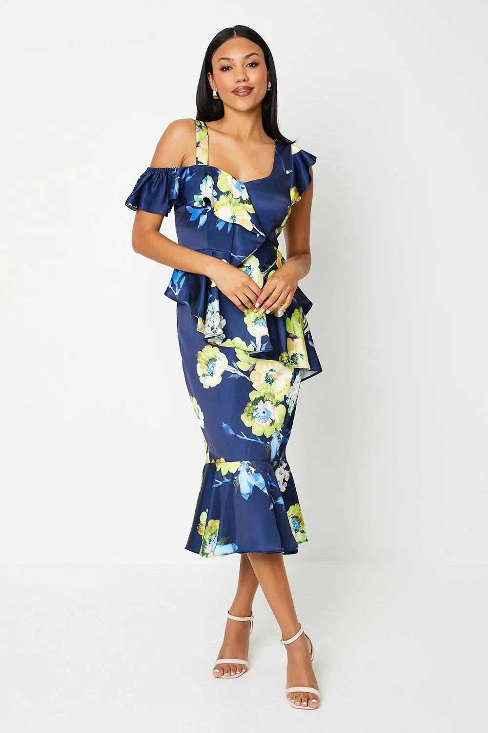 Printed Satin Ruffle Pencil Dress With Flute Hem