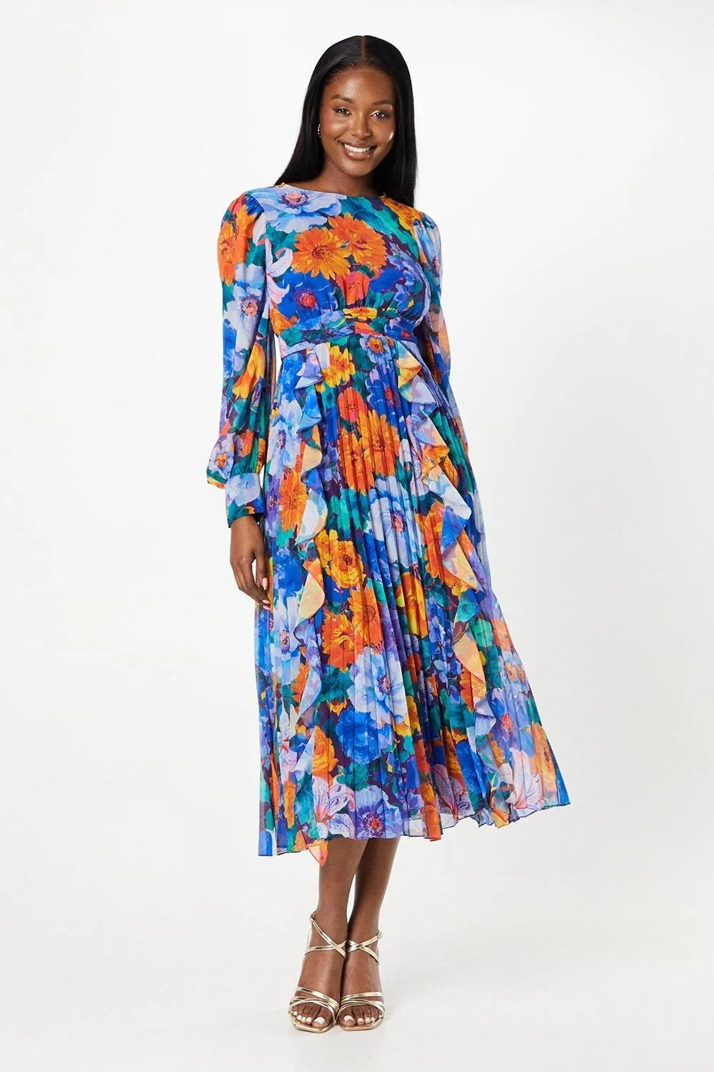 Printed Ruffle And Pleated Midi Wedding Guest Dress With Blouson Sleeve