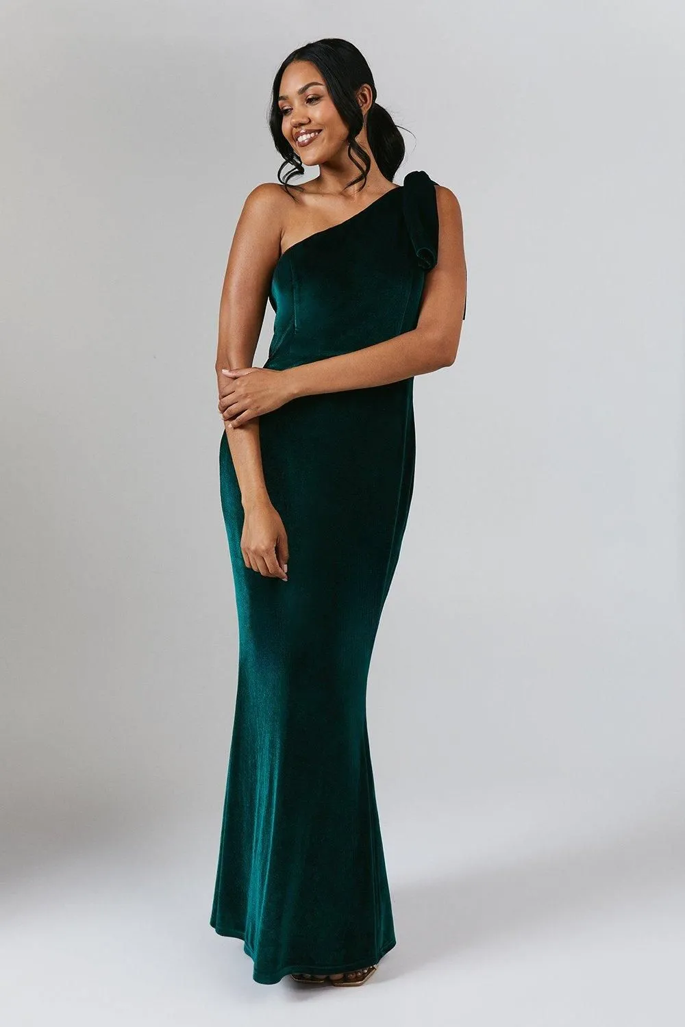 Bow One Shoulder Velvet Bridesmaid Maxi Dress