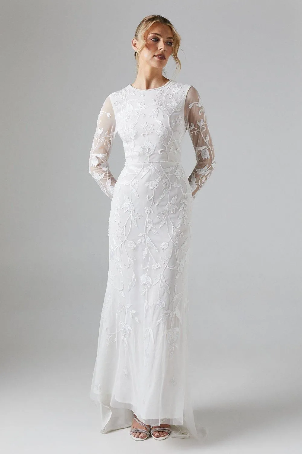 Trailing Floral Placement Embellished Long Sleeve Wedding Dress