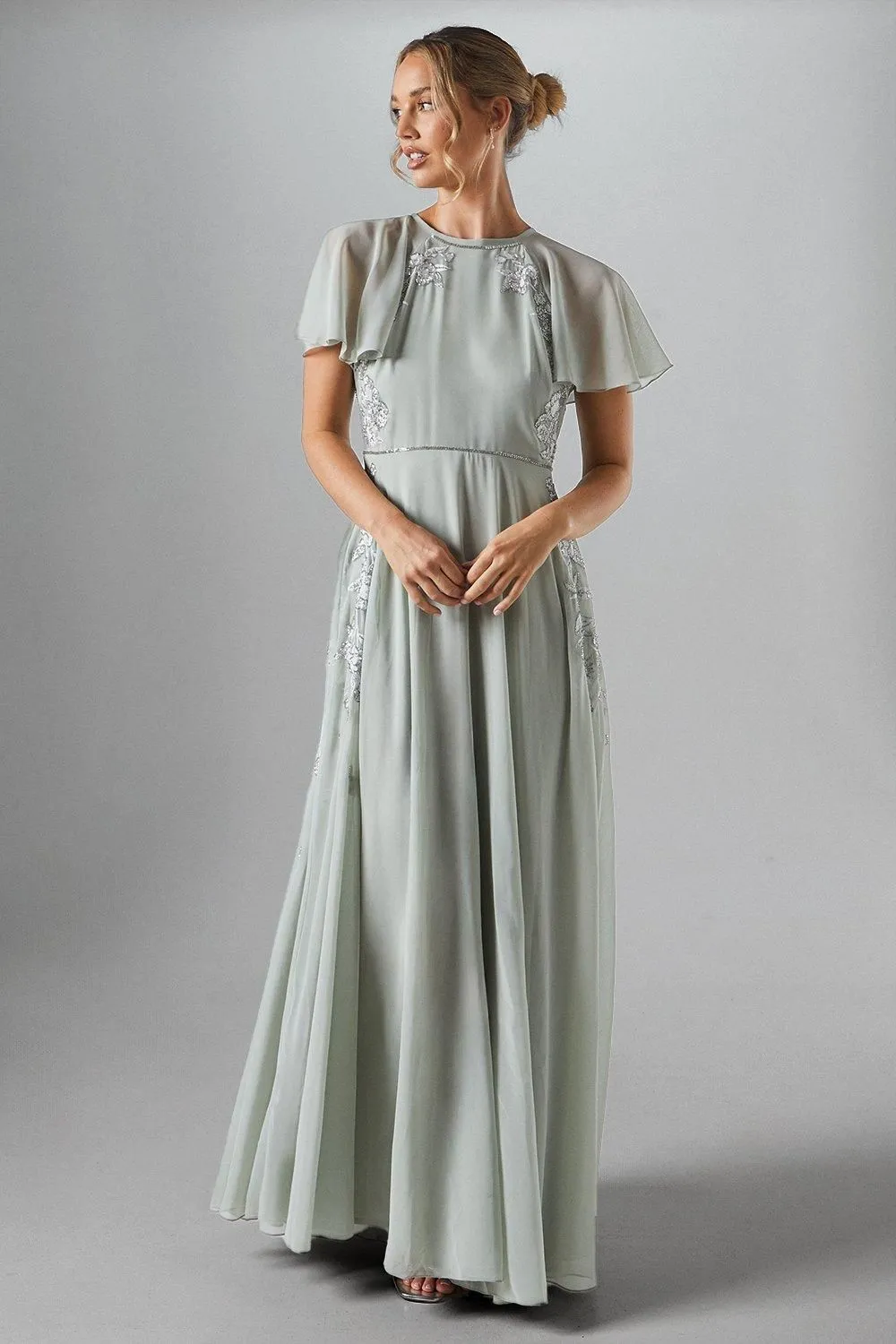 Angel Sleeve Embroidered Winter Floral Bridesmaid Maxi Dress