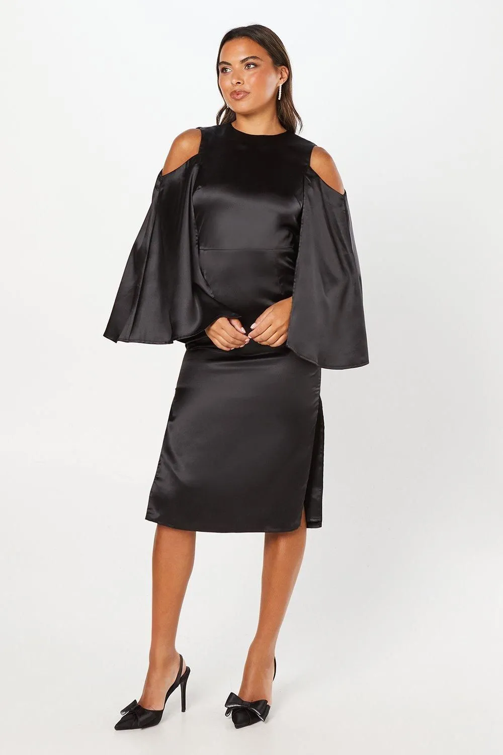 Cape Back Satin Midi Wedding Guest Dress