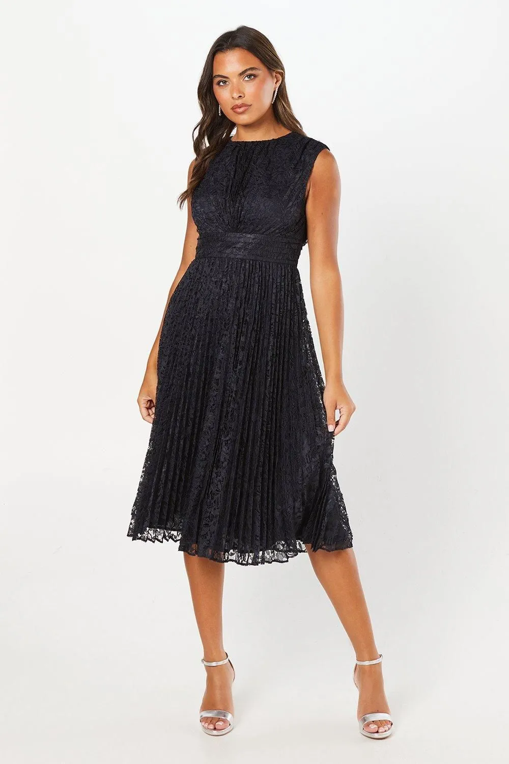 Pleated Lace Midi Wedding Guest Dress