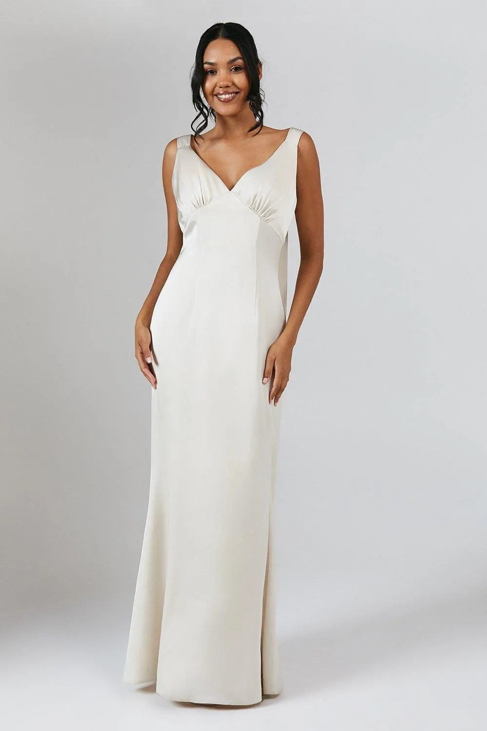 V Neck Bow Detail Satin Bridesmaid Dress