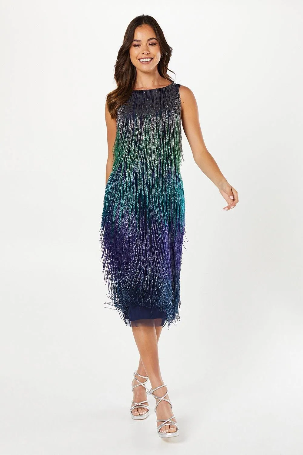 Party Sequin Ombre Fringe Midi Dress