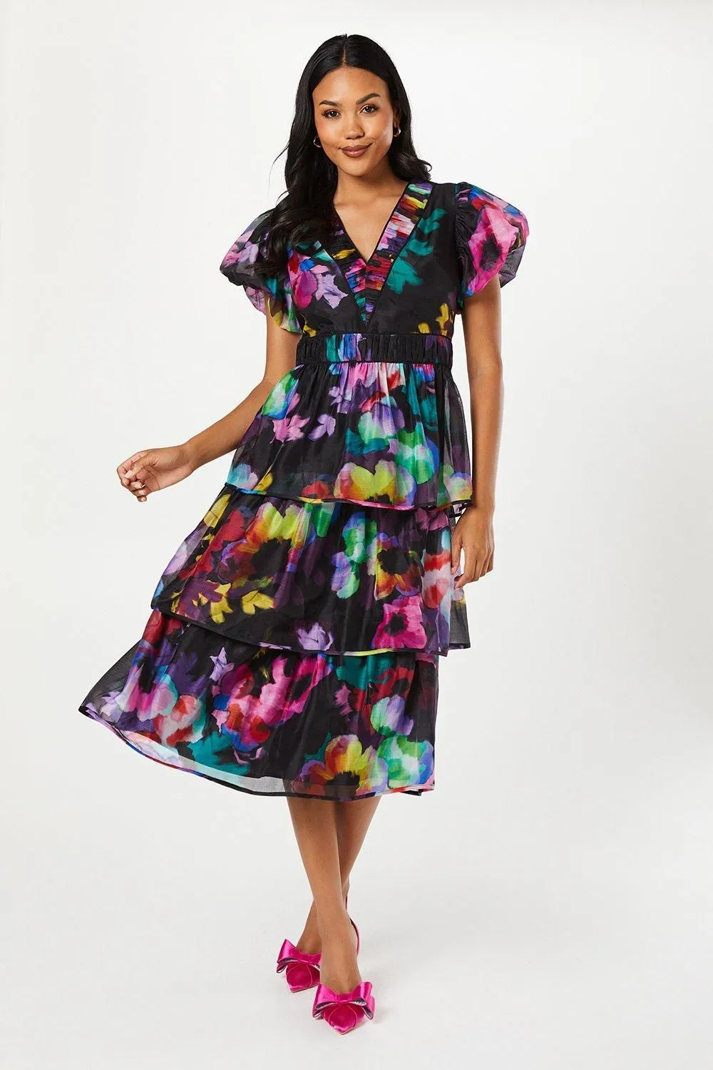 Printed Puff Sleeve Tiered Midi Wedding Guest Dress