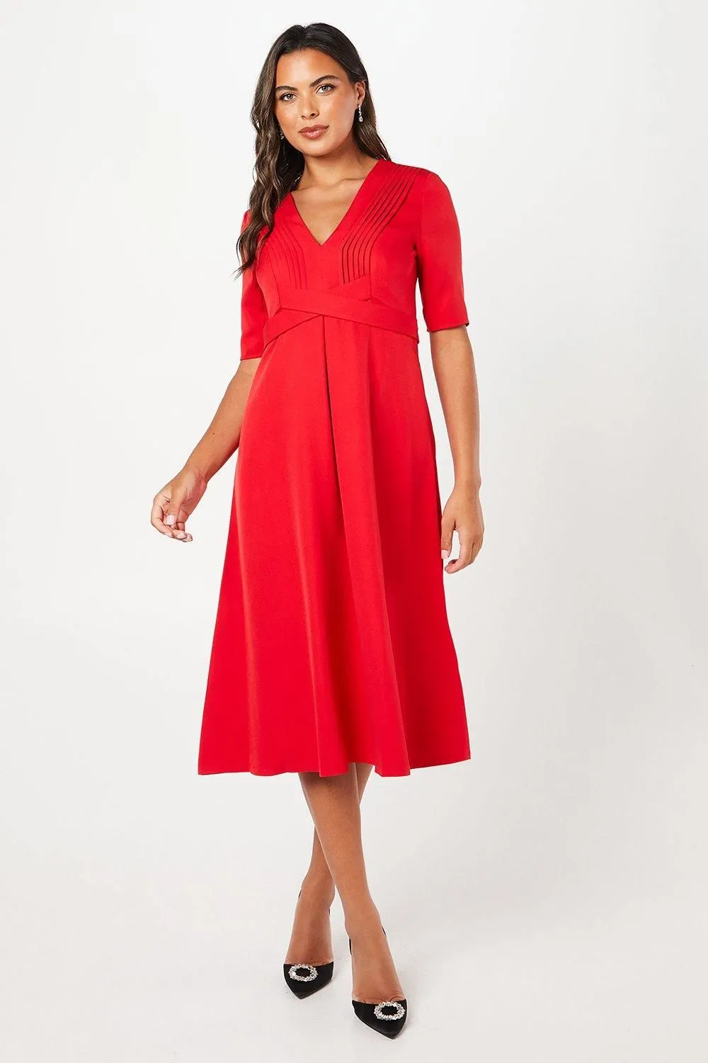 Pleated Bodice Cross Over Midi Wedding Guest Dress