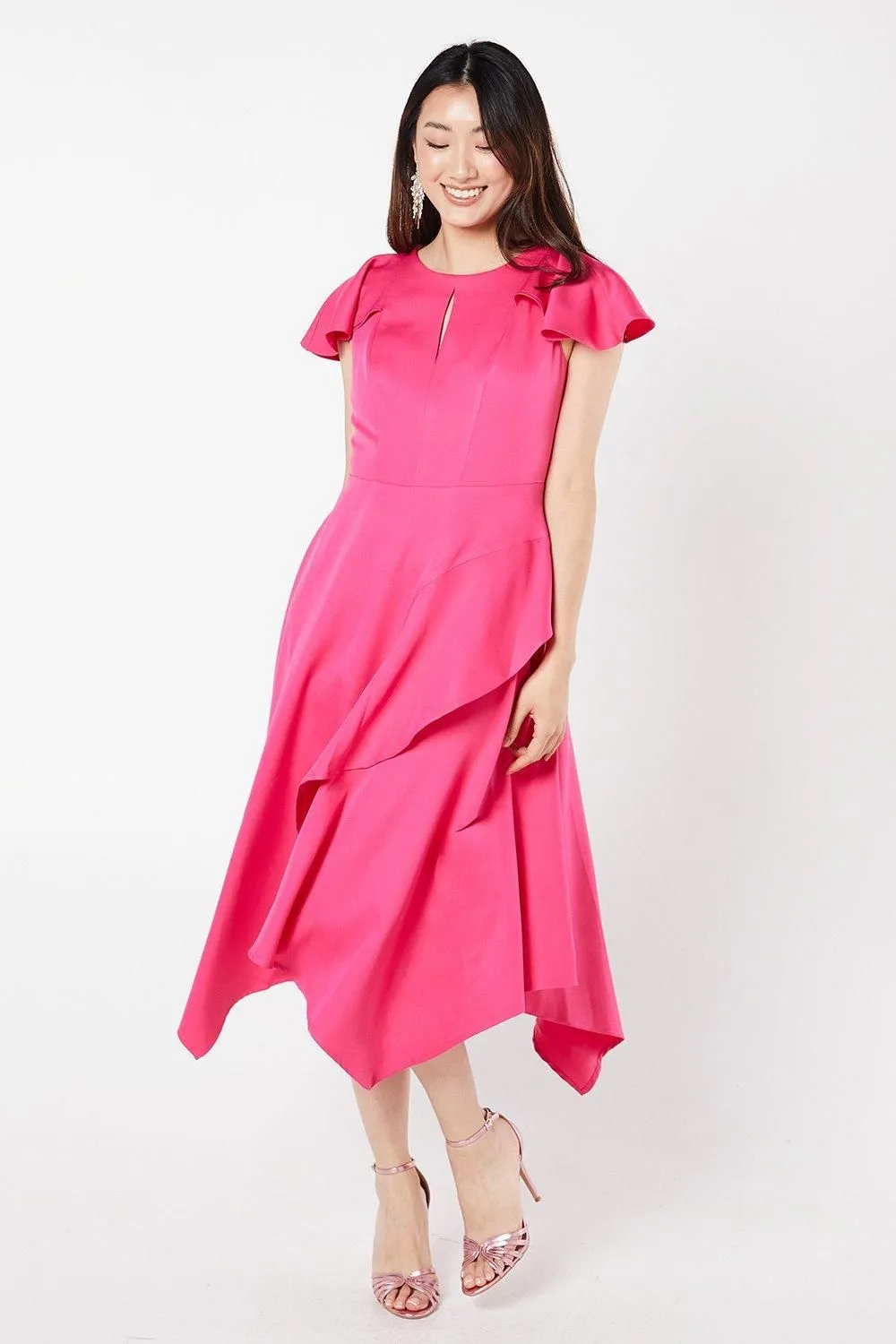 Stretch Crepe Flutter Sleeve Midi Wedding Guest Dress With Ruffle Skirt