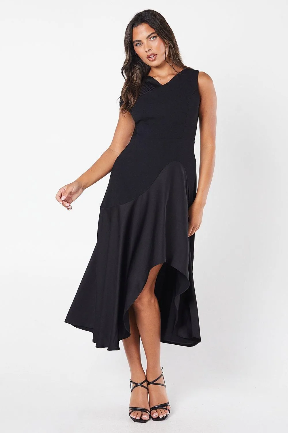 Ruched Shoulder Drape Skirt Crepe Midi Wedding Guest Dress
