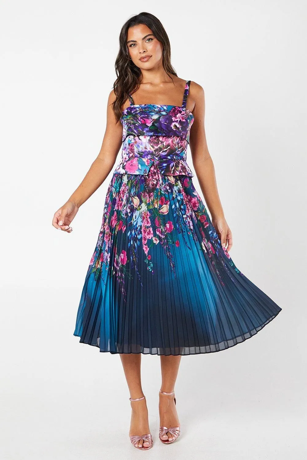 Square Neck Floral Print Midi Wedding Guest Dress