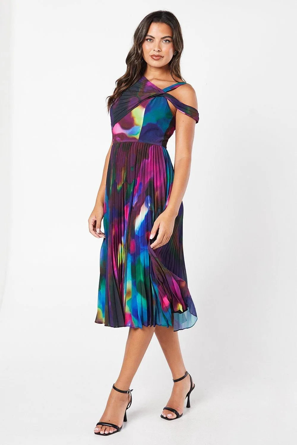 Twist Neck Pleated Off Shoulder Midi Wedding Guest Dress