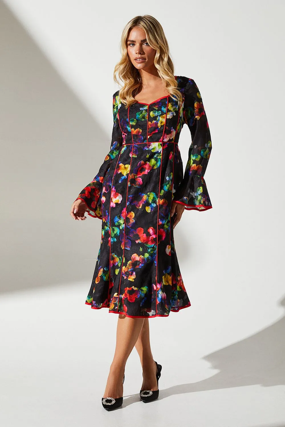 Petite Floral Print Long Sleeve Midi Dress