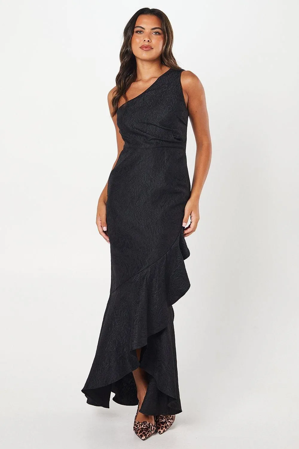 One Shoulder Ruffle Detail Jacquard Black Maxi Dress