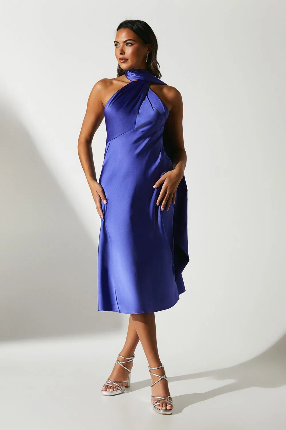 Cross Front Tie Neck Satin Midi Wedding Guest Dress