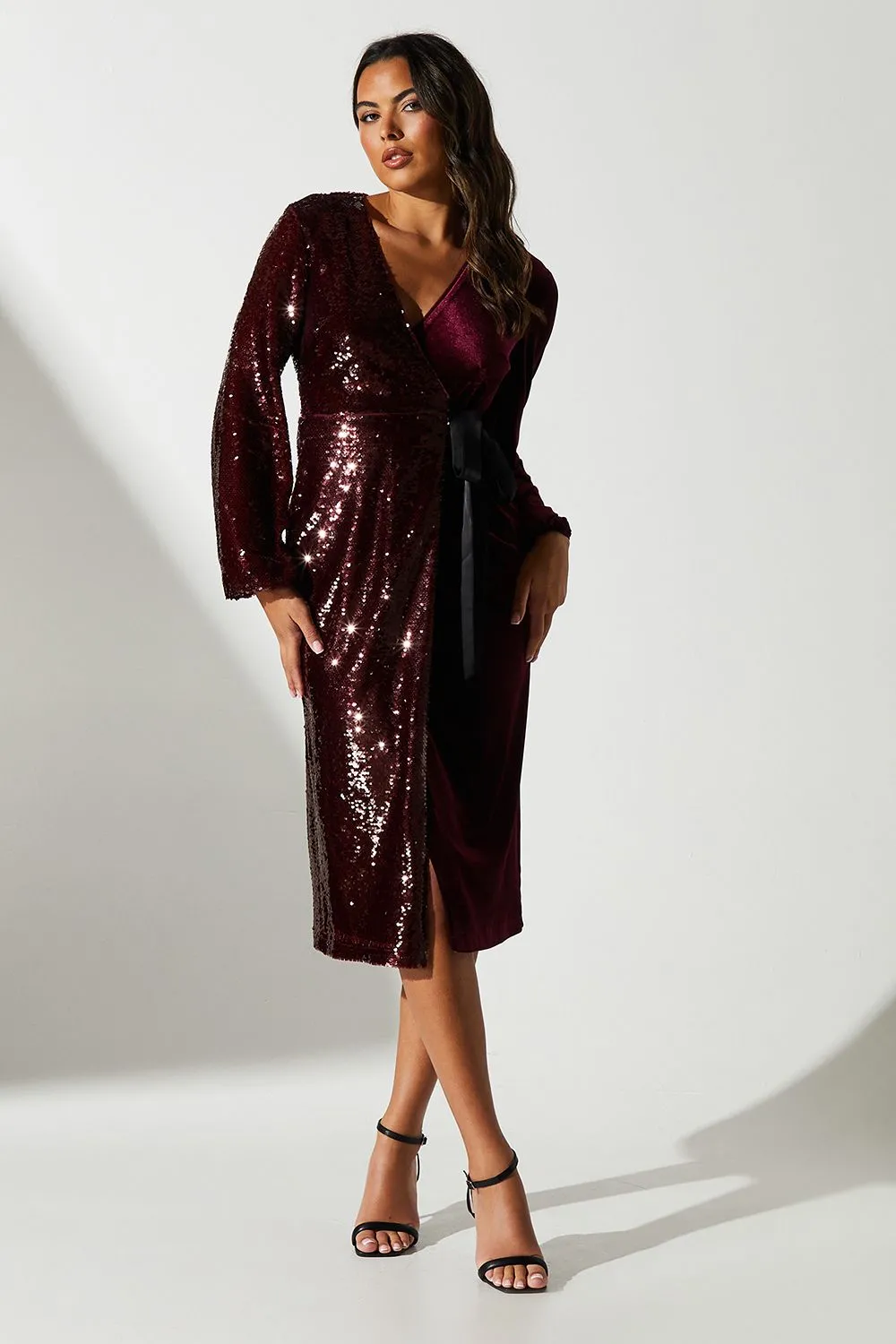 Party Sequin Long Sleeve Velvet Wrap Dress