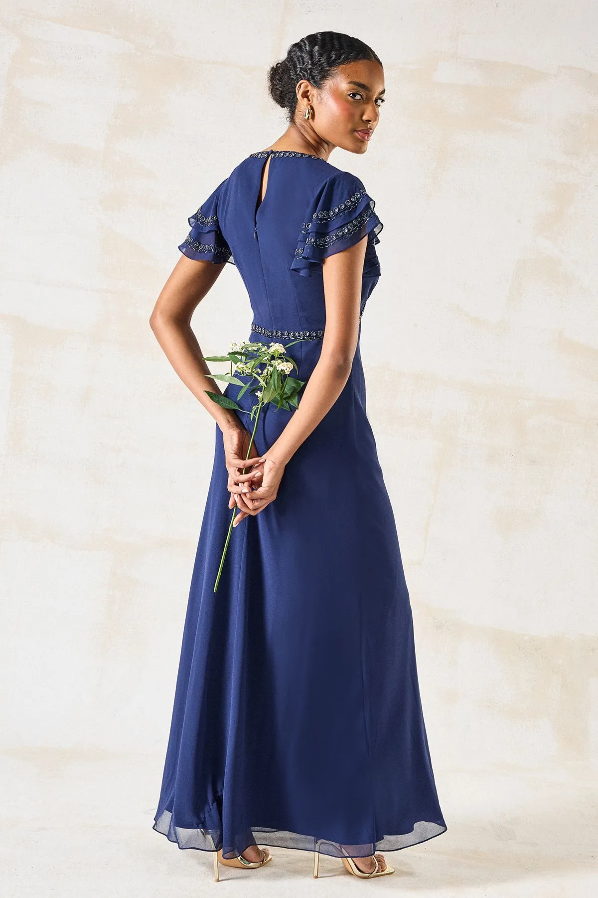 Trim Detail V Neck Flutter Sleeve Bridesmaid Dress