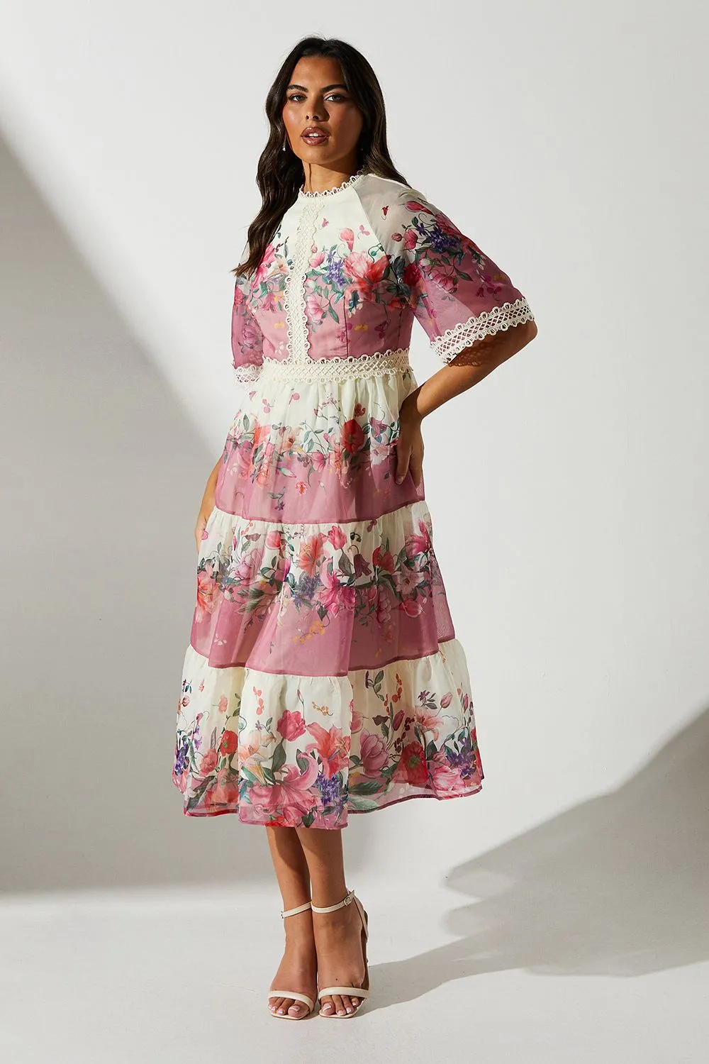 Organza Floral Tiered Lace Trim Midi Dress