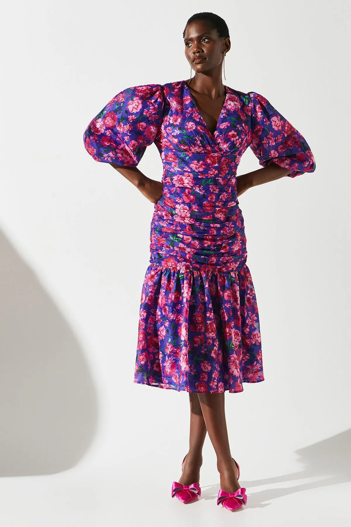 Chiffon Printed Jacquard Gathered Puff Sleeve Dress