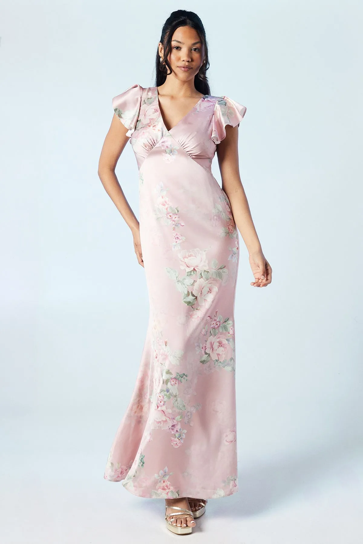 Trailing Blossom Printed Satin Angel Sleeve Bridesmaid Dress