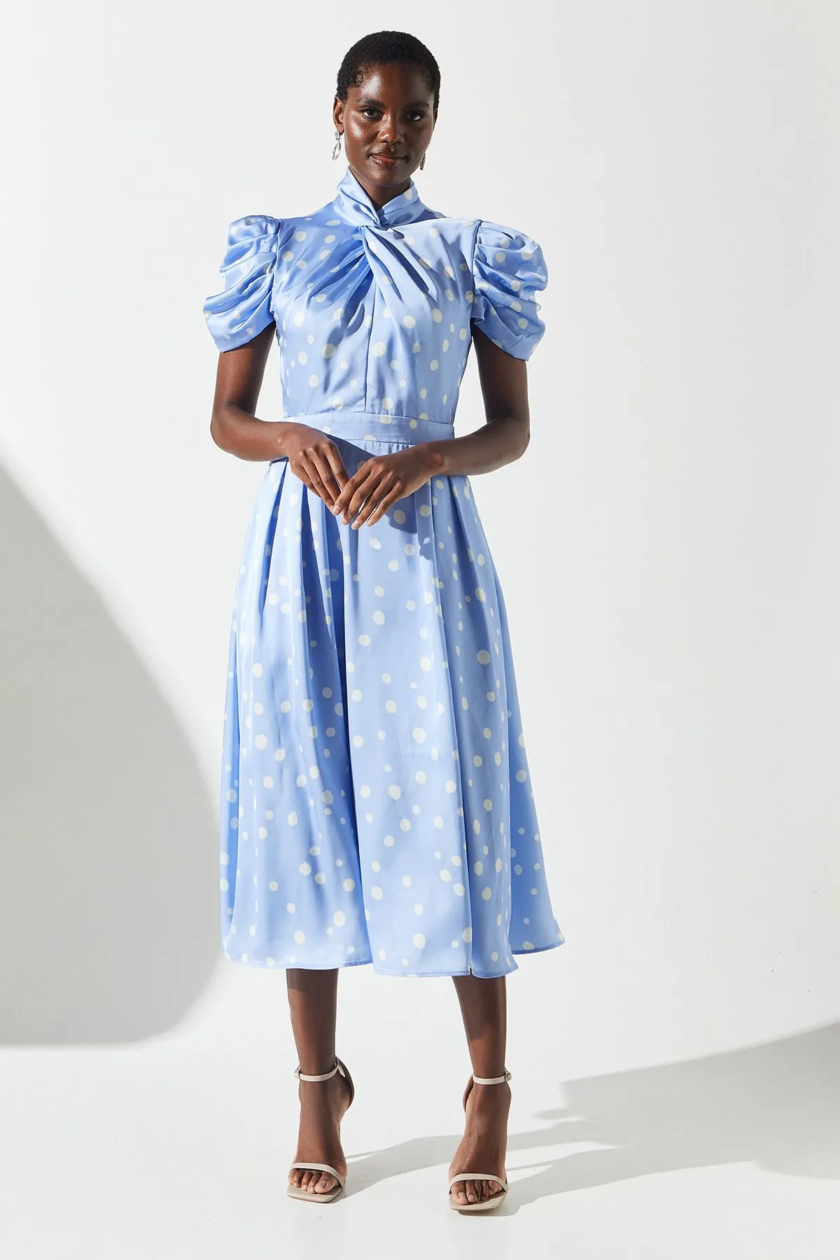 Spot Satin Short Sleeve Midi Dress