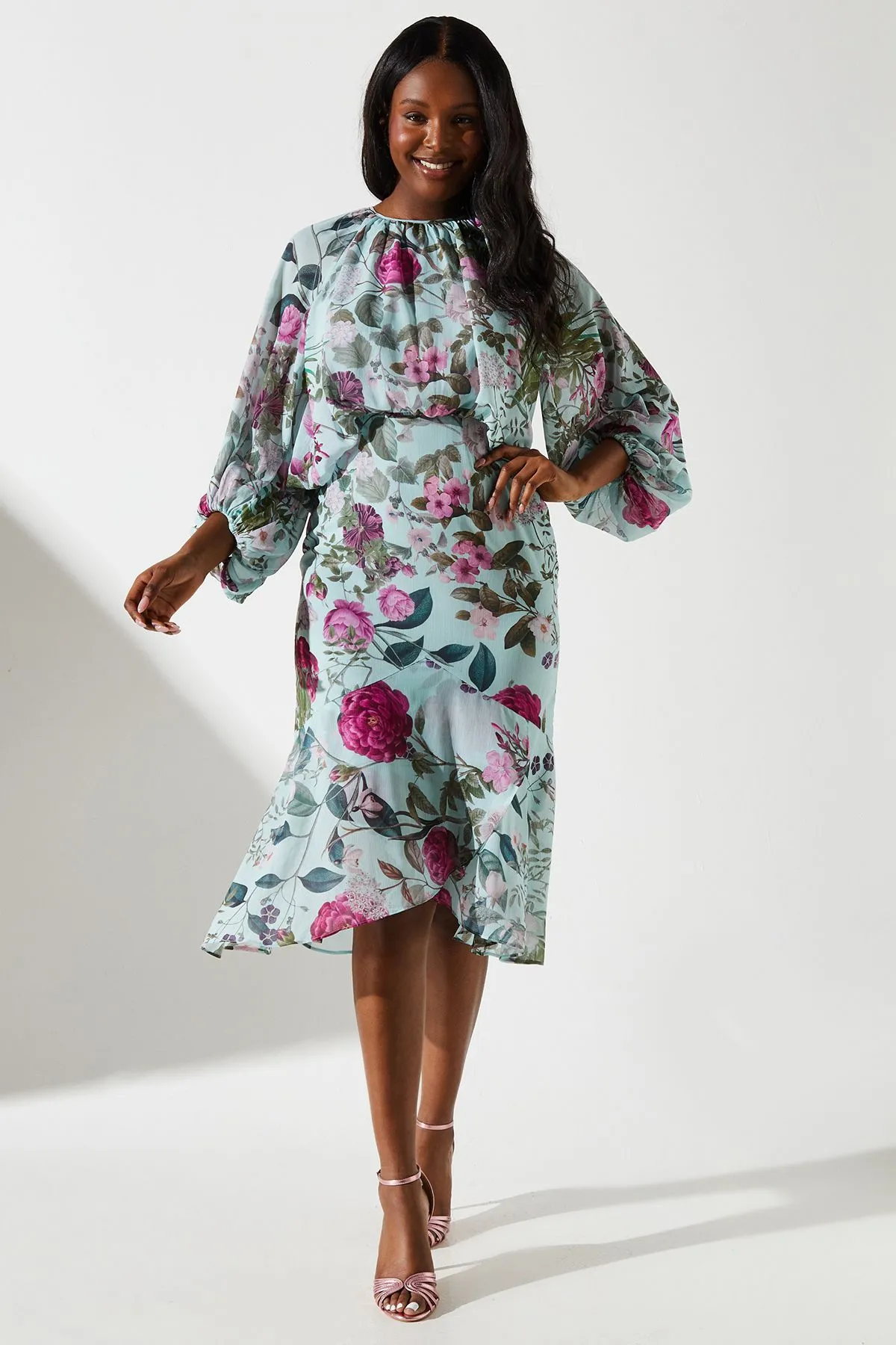 Printed Chiffon Blouson Midi Dress