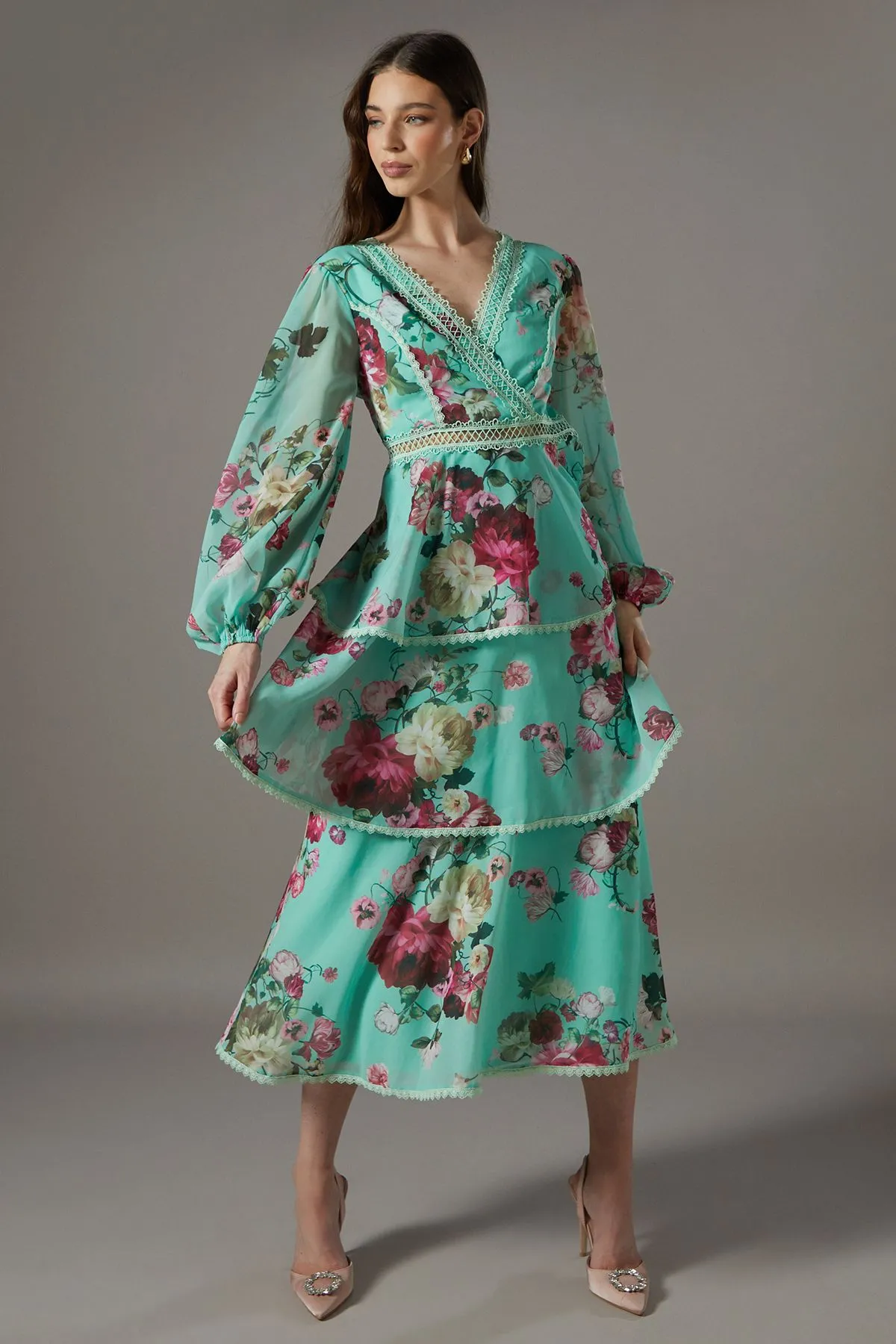 Chiffon Peplum Lace Trim Dress