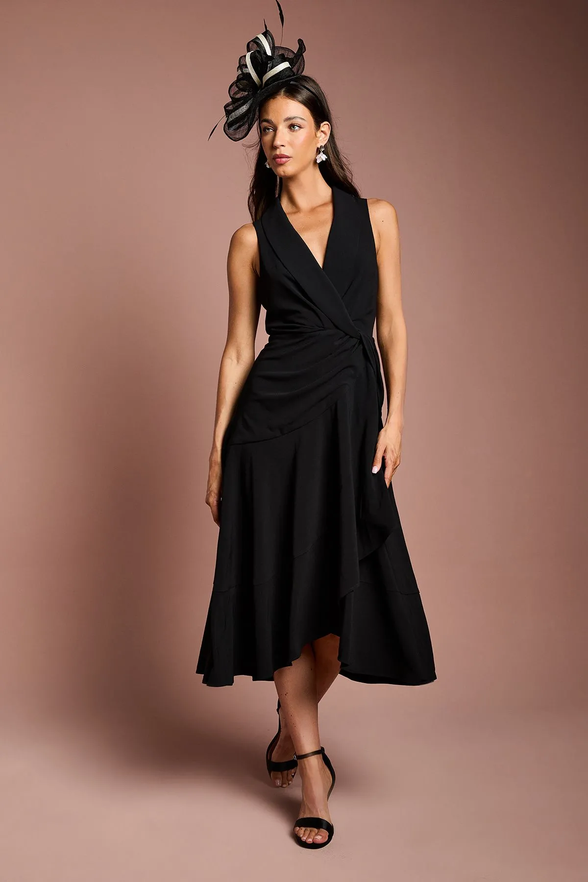 Shawl Collar Ruffle Hem Midi Dress