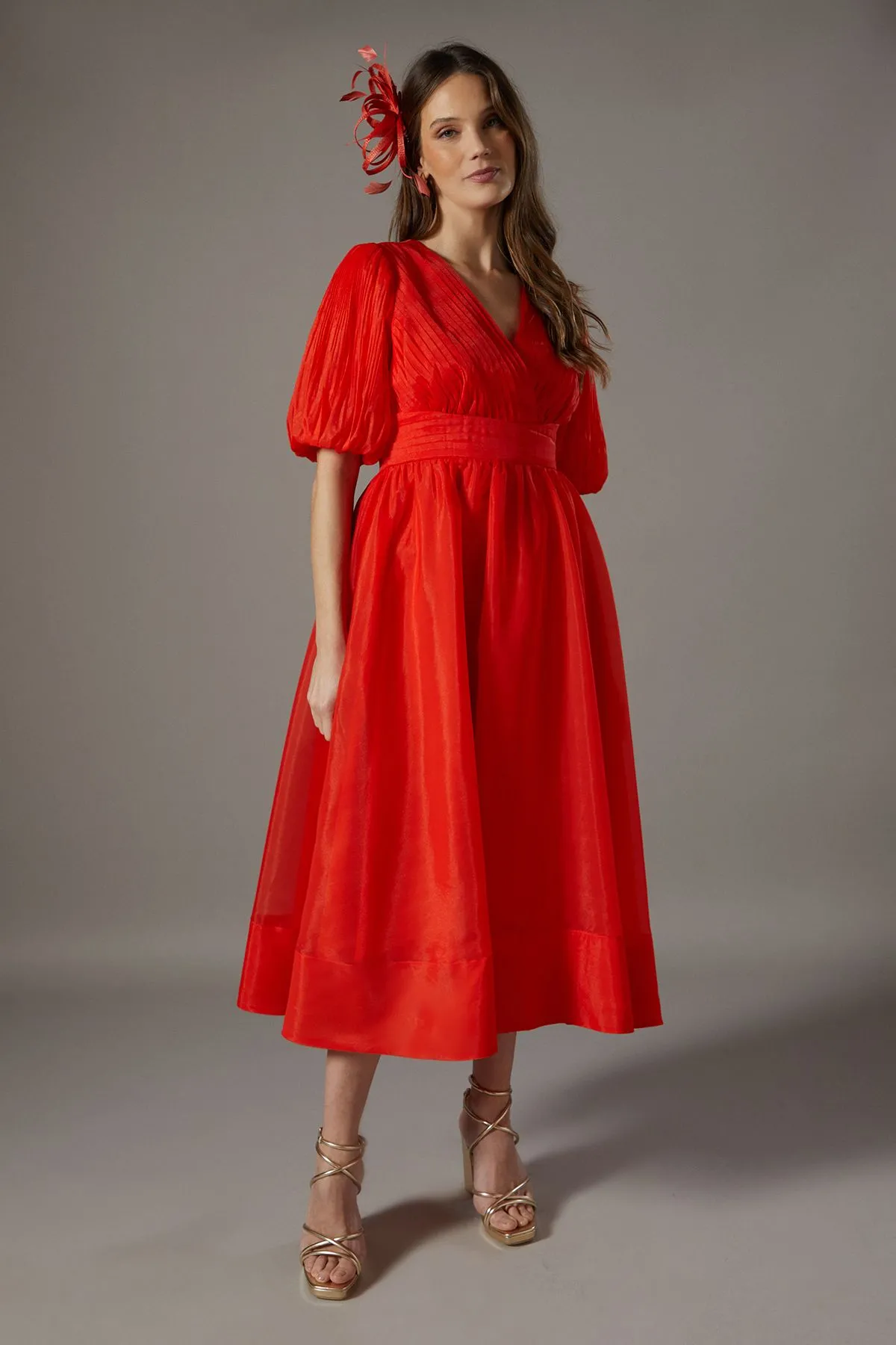 Wrap Front Organza Pleated Sleeve Dress