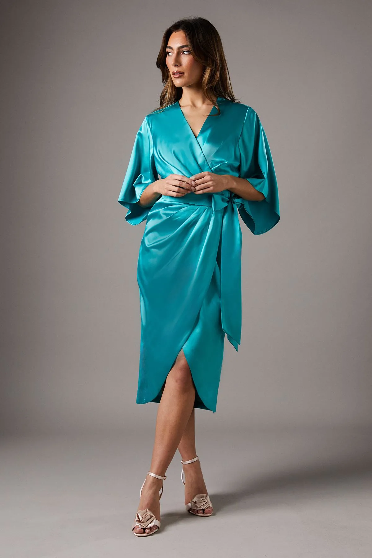 Satin Pleat Front Midi Dress