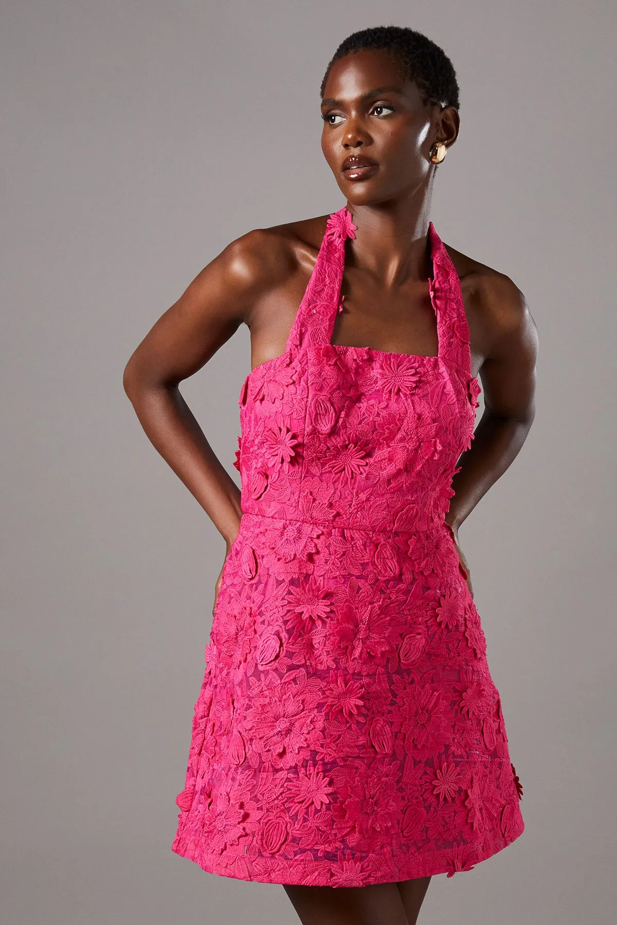 3D Floral Halter Neck Mini Dress