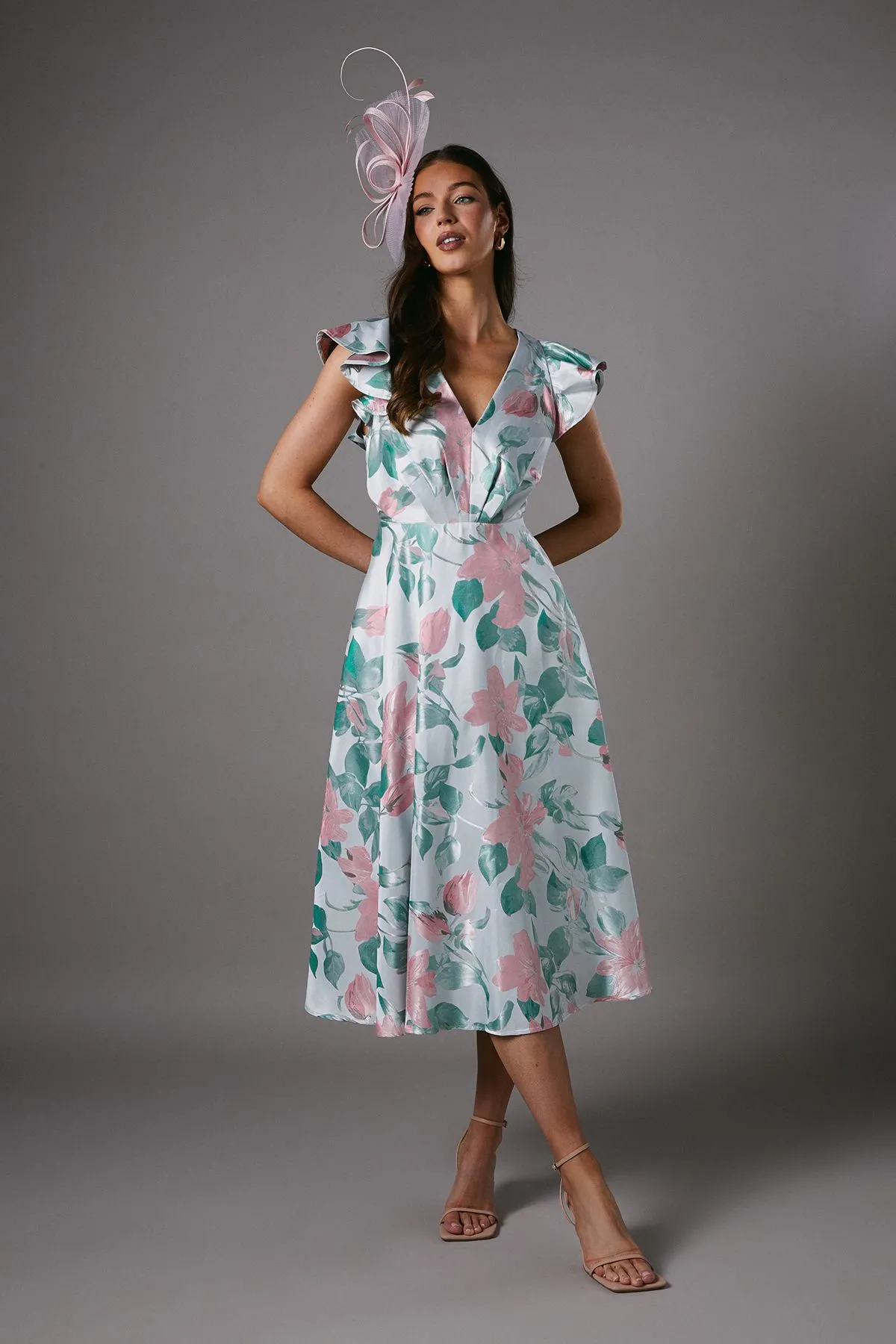 Jacquard Ruffle Sleeve Prom Dress