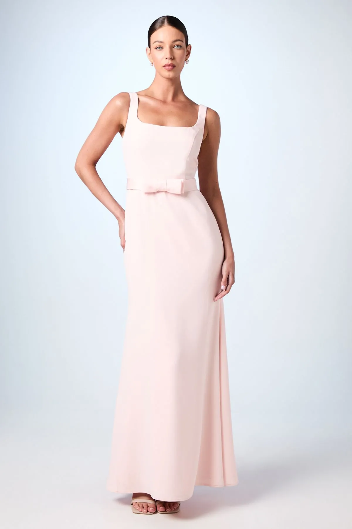 Square Neck Bow Detail Crepe Maxi Bridesmaid Dress