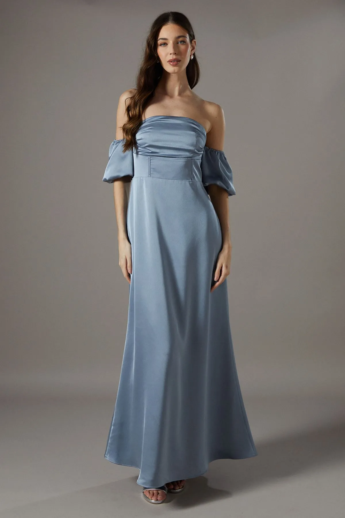 Puff Sleeve Bardot Satin Maxi Bridesmaid Dress