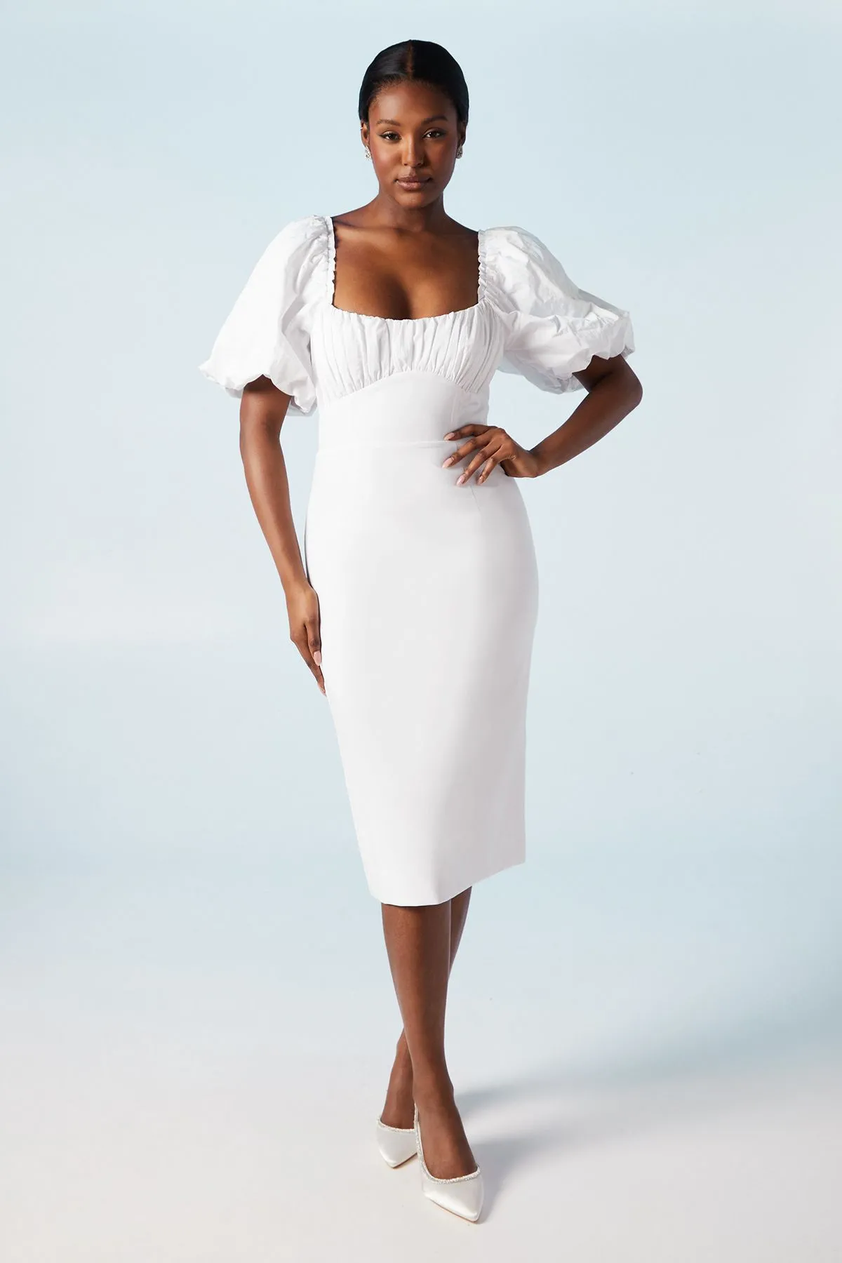 Ruched Bodice Puff Sleeve Column Wedding Dress