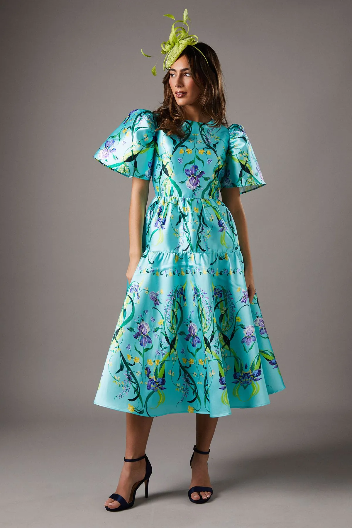 Twill Puff Sleeve Printed Midi Dress