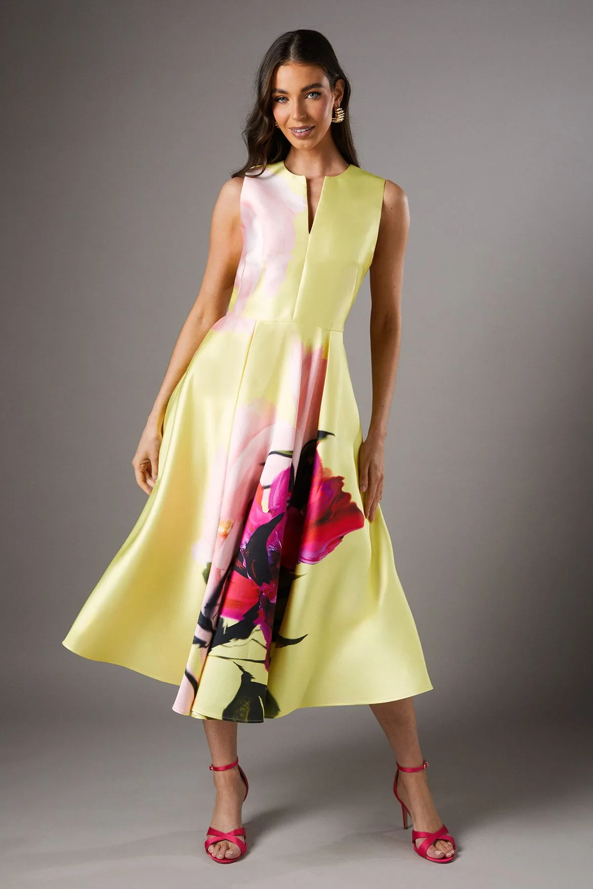 Twill Notch Neck Printed Midi Dress
