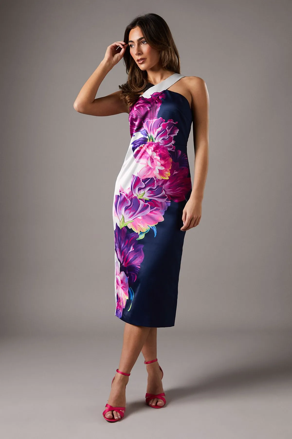 Cross Neck Satin Midi Pencil Dress