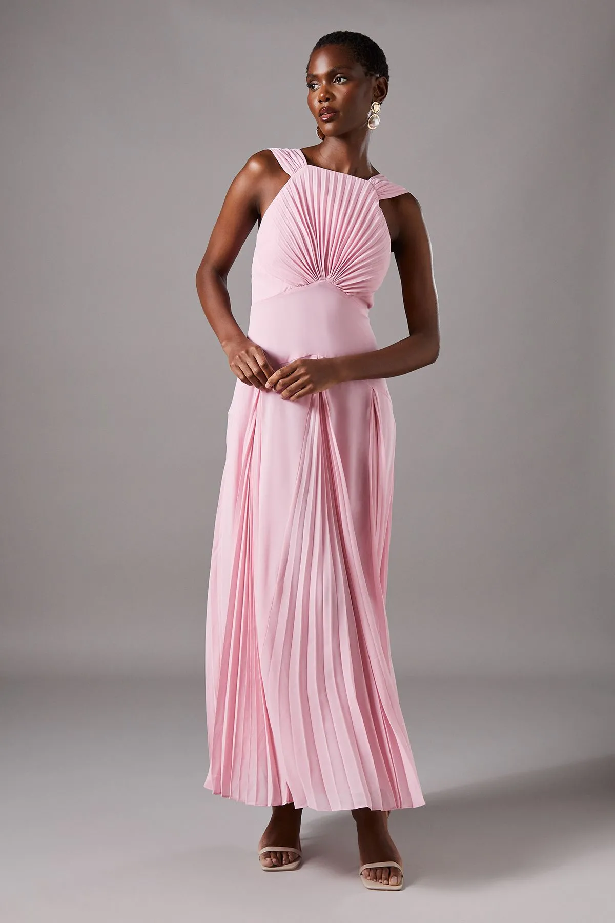 Pleated Bodice Sleeveless Midi Dress