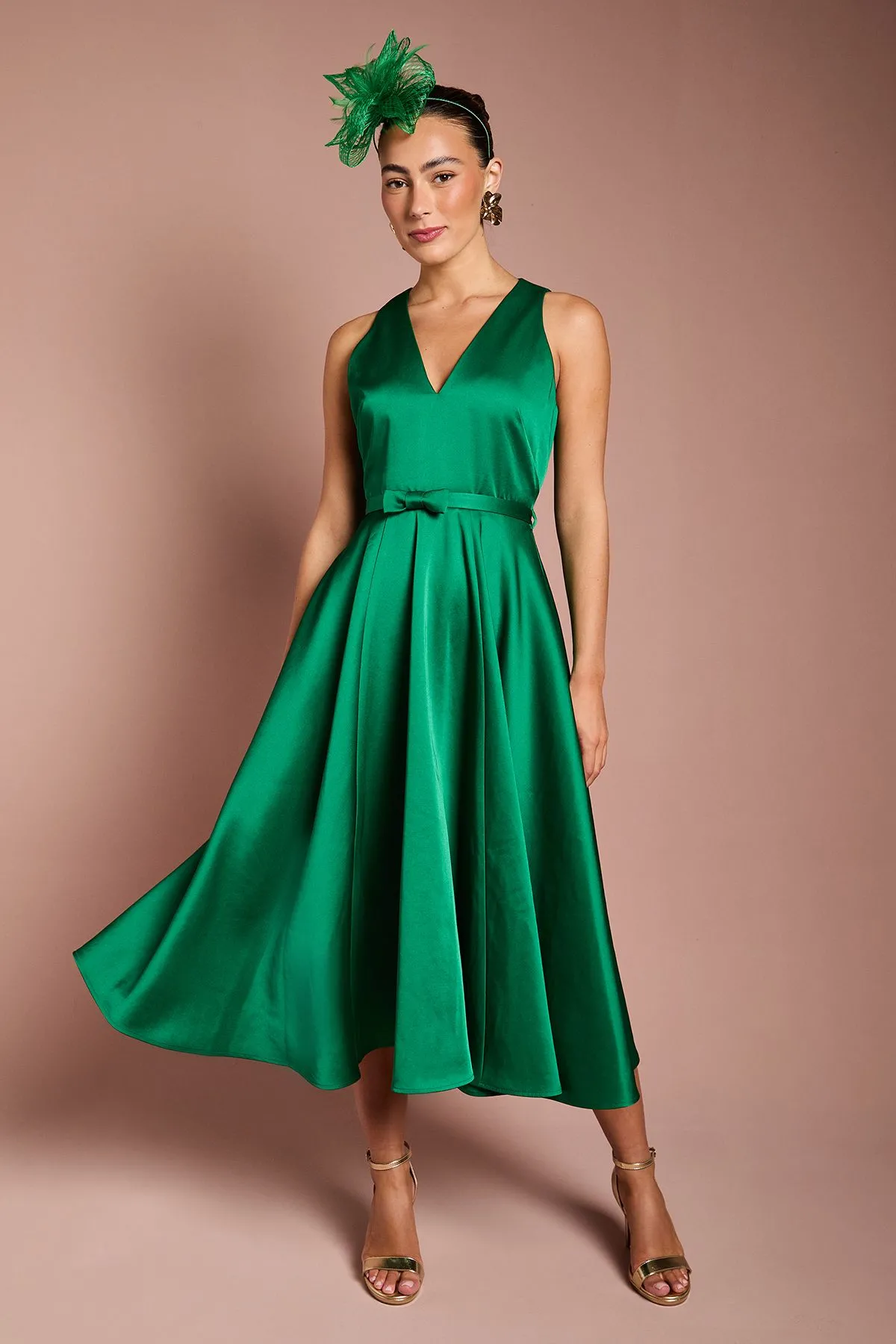 Bow Trim V Neck Volume Skirt Midi Dress
