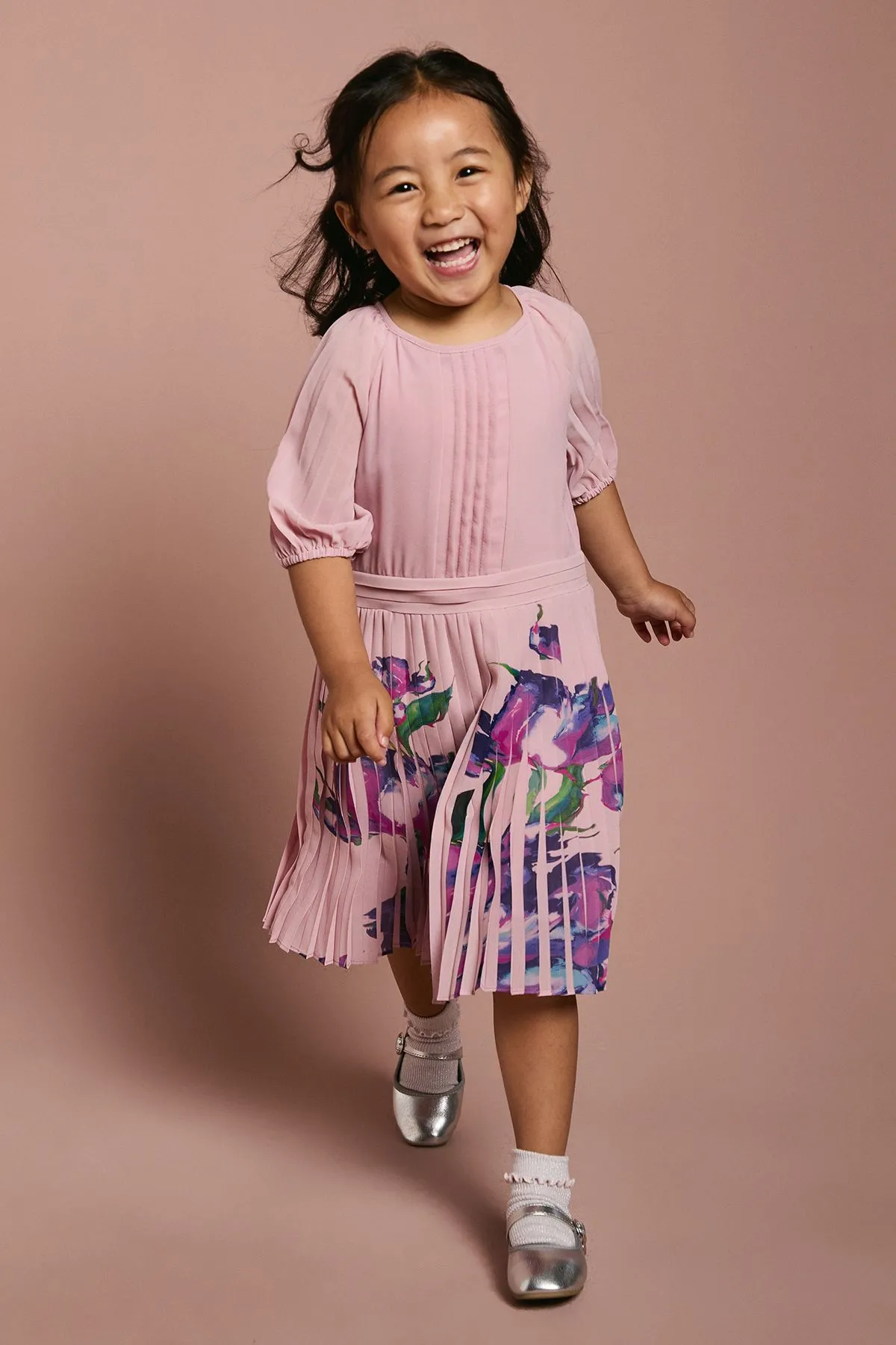 Children's Pleat Skirt Placement Print Short Sleeve Dress