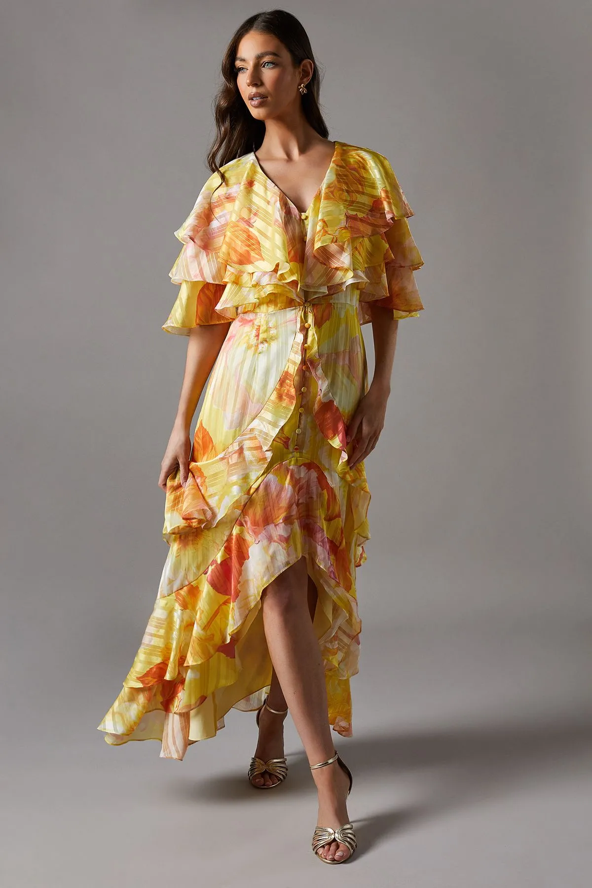 Printed Burnout Ruffle Maxi Dress