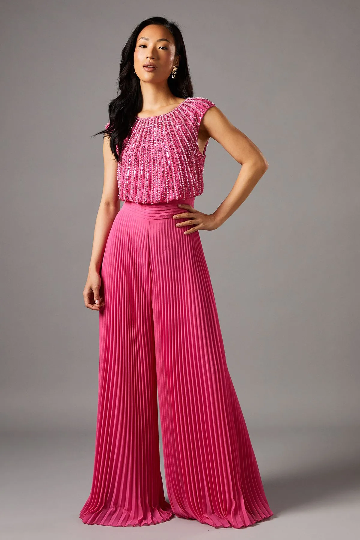 Embellished Bodice Pleat Jumpsuit