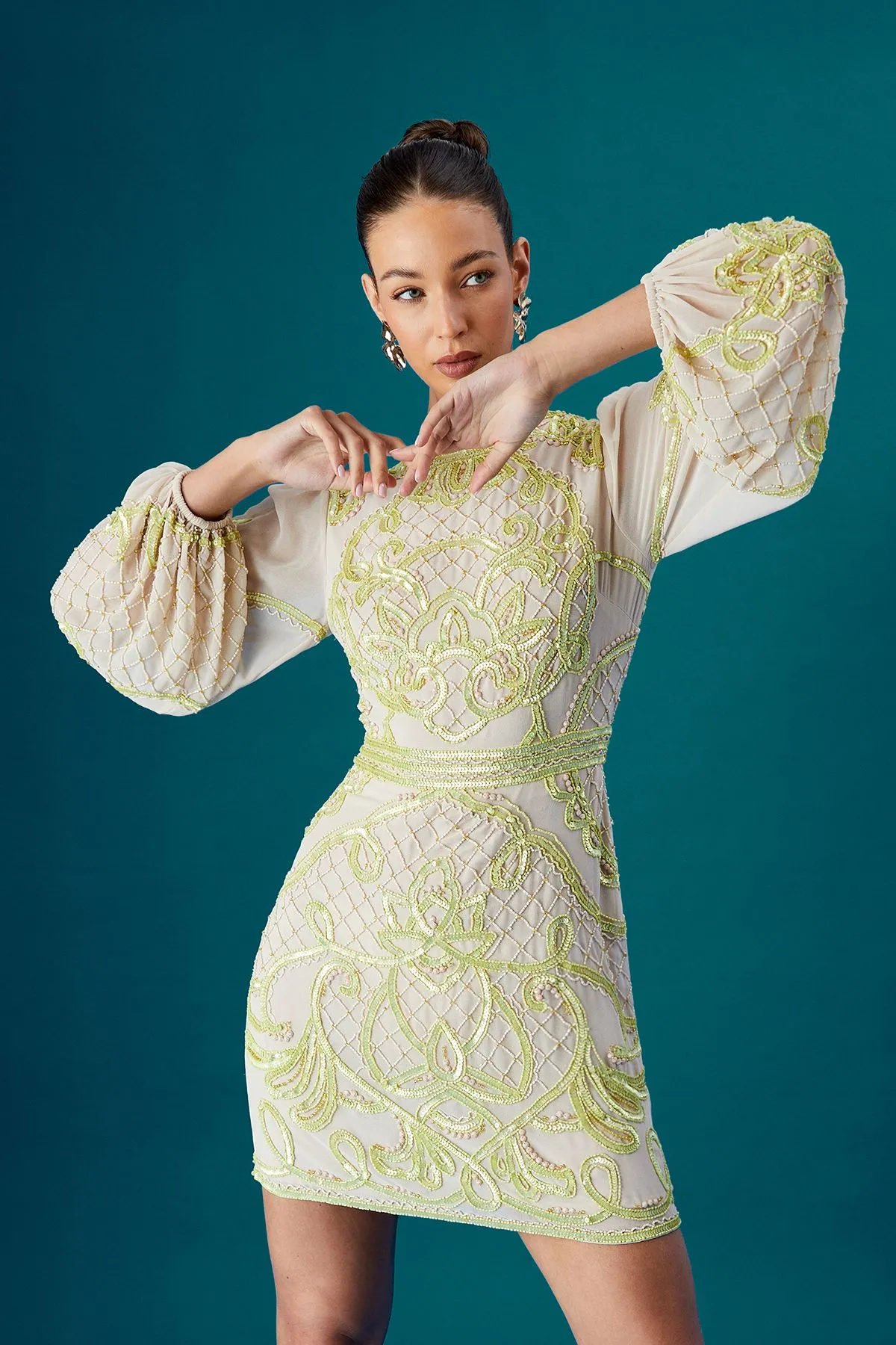 Coast Muse Chiffon Embellished Mini Dress With Blouson Sleeves