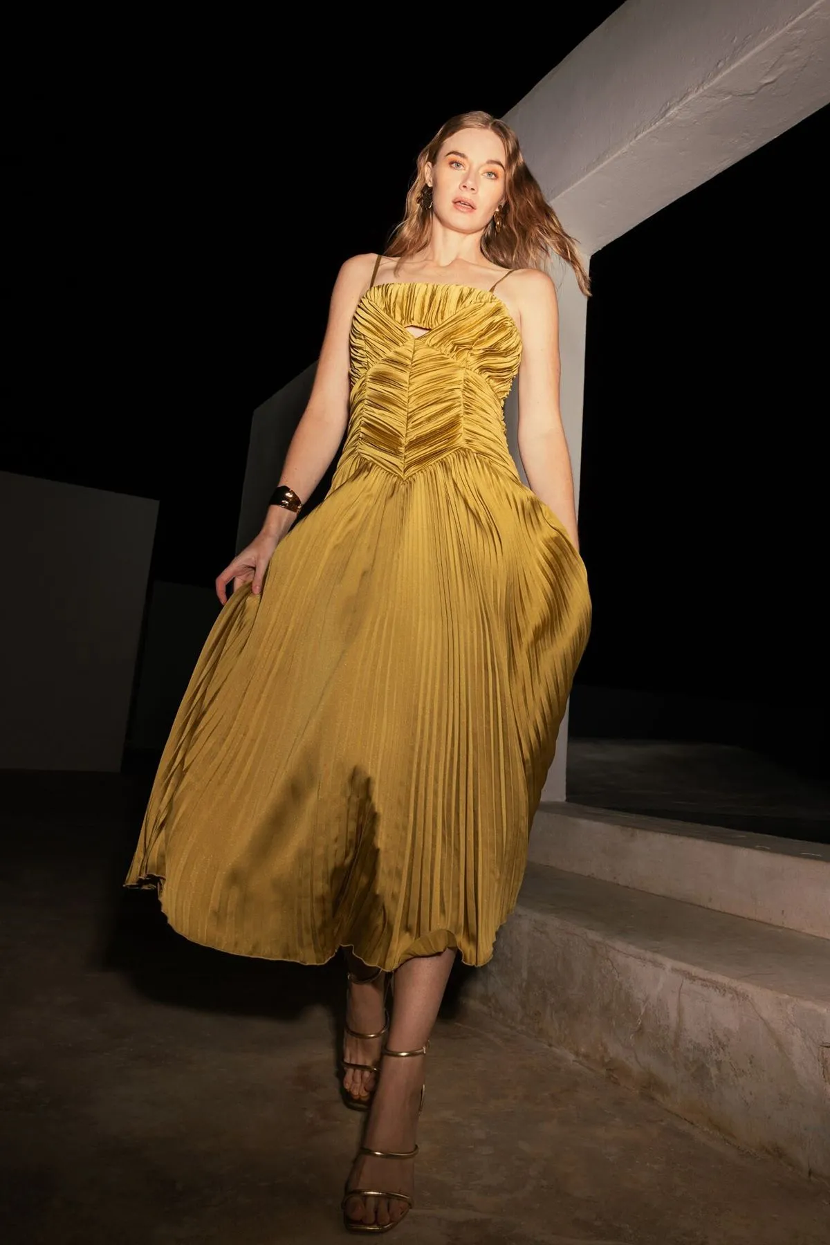 Pleated Peplum Strappy Satin Dress