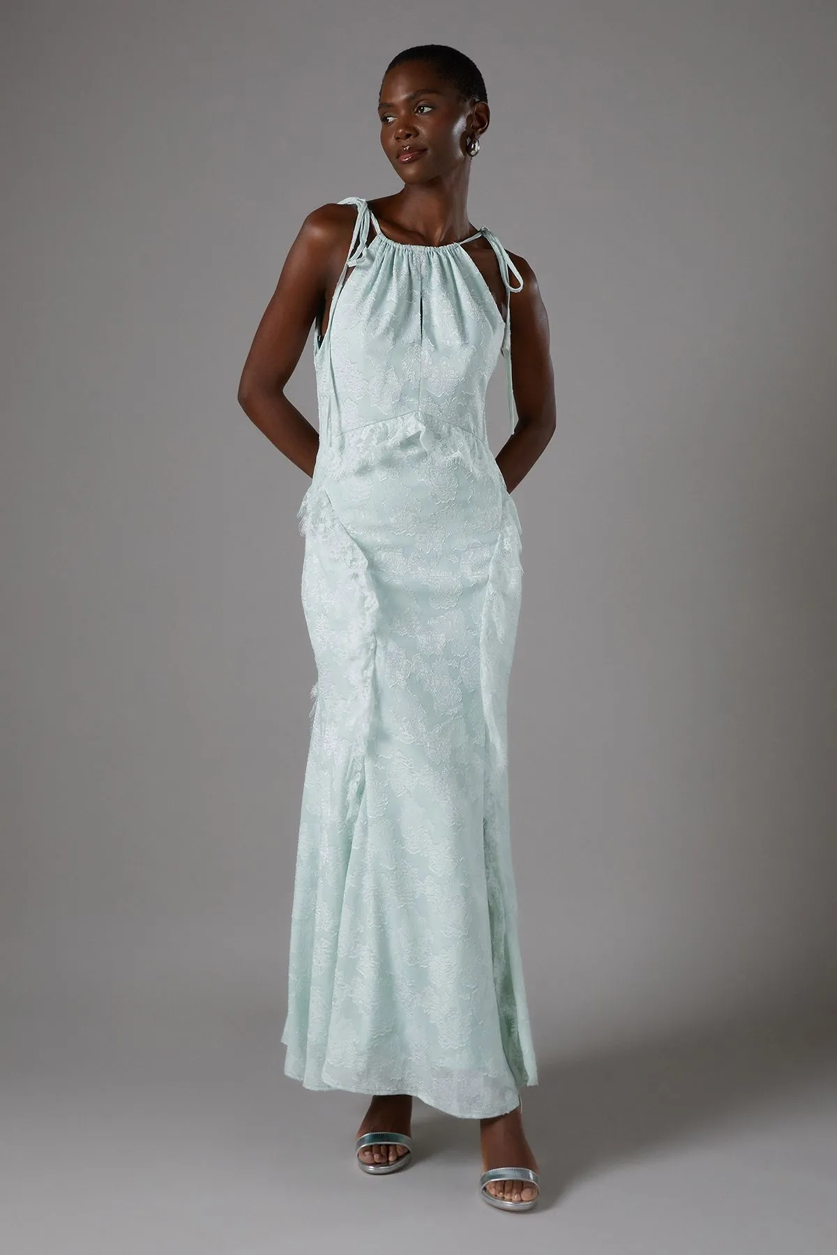 Jacquard Halter Neck Sleeveless Frill Maxi Holiday Dress