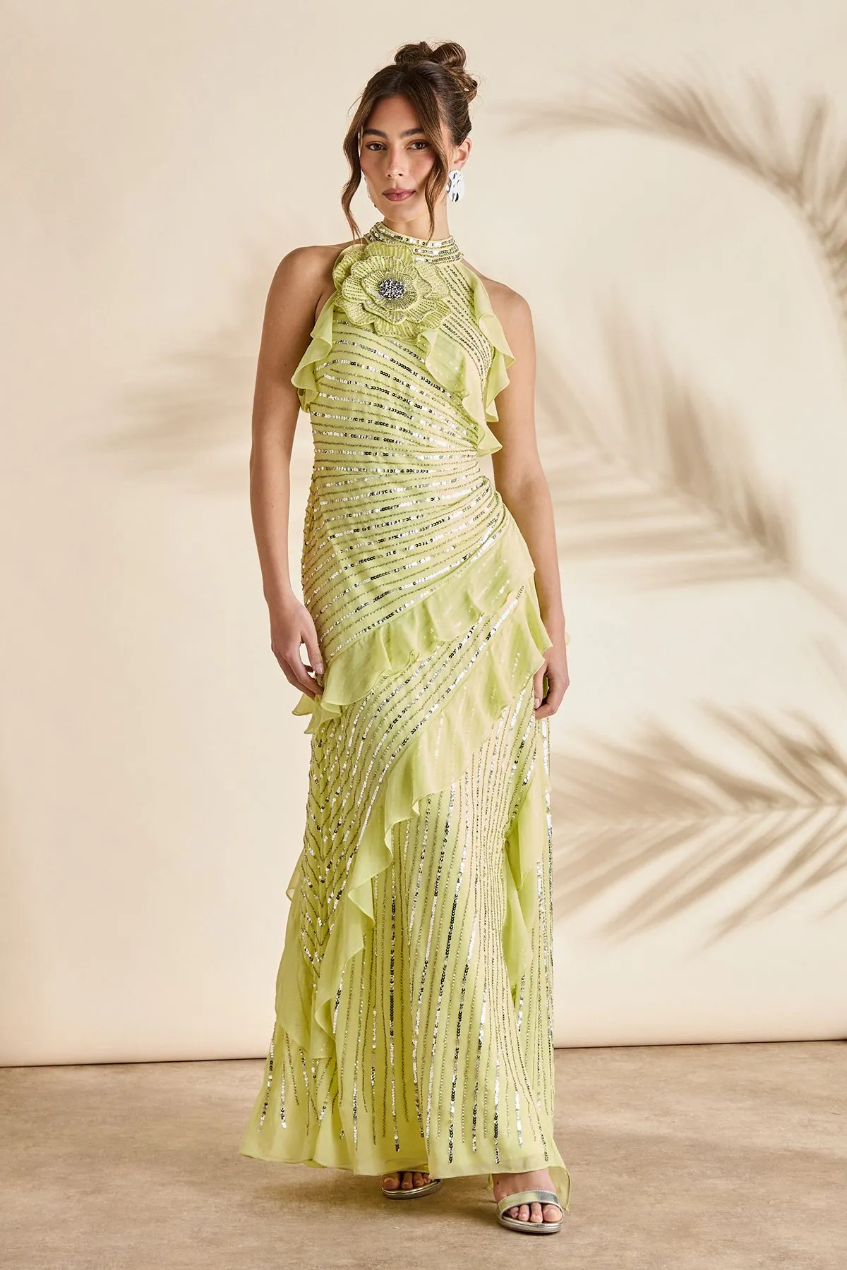 Embellished Corsage Sequin Frill Maxi Dress