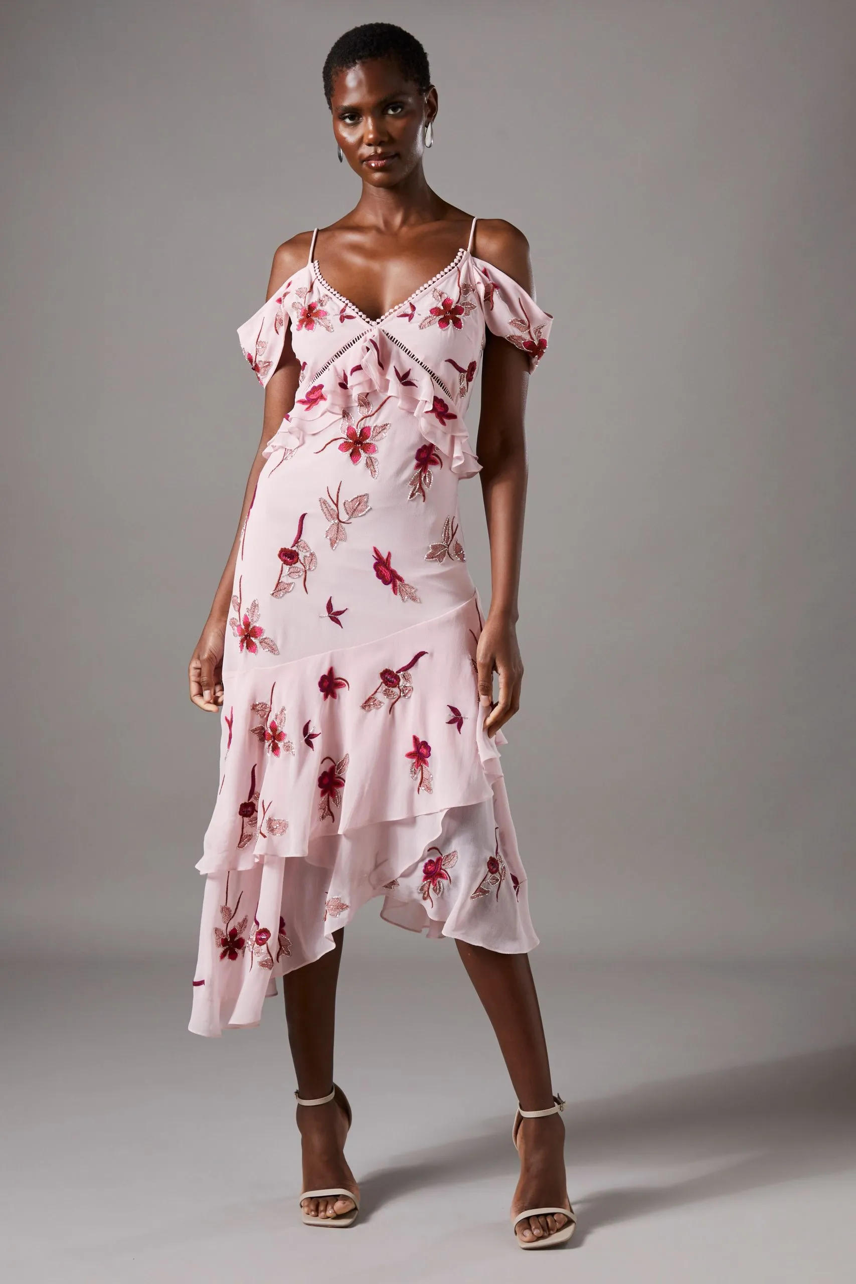 Sequin Embellished Off Shoulder Midi Wedding Guest Dress