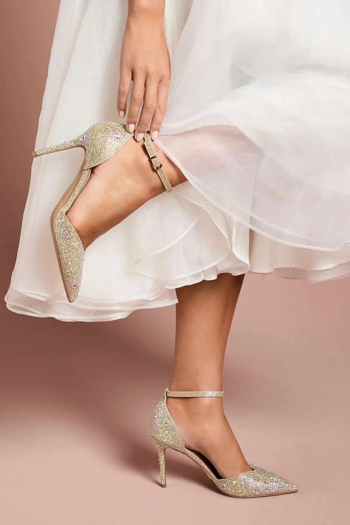 Wide Fit Tanisha Diamante Ankle Strap High Stiletto Court Shoes